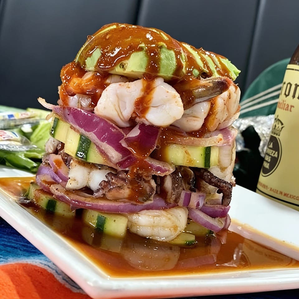 Stacked seafood ceviche with shrimp, octopus, red onion, cucumber, avocado, and sauce, with a beer bottle.