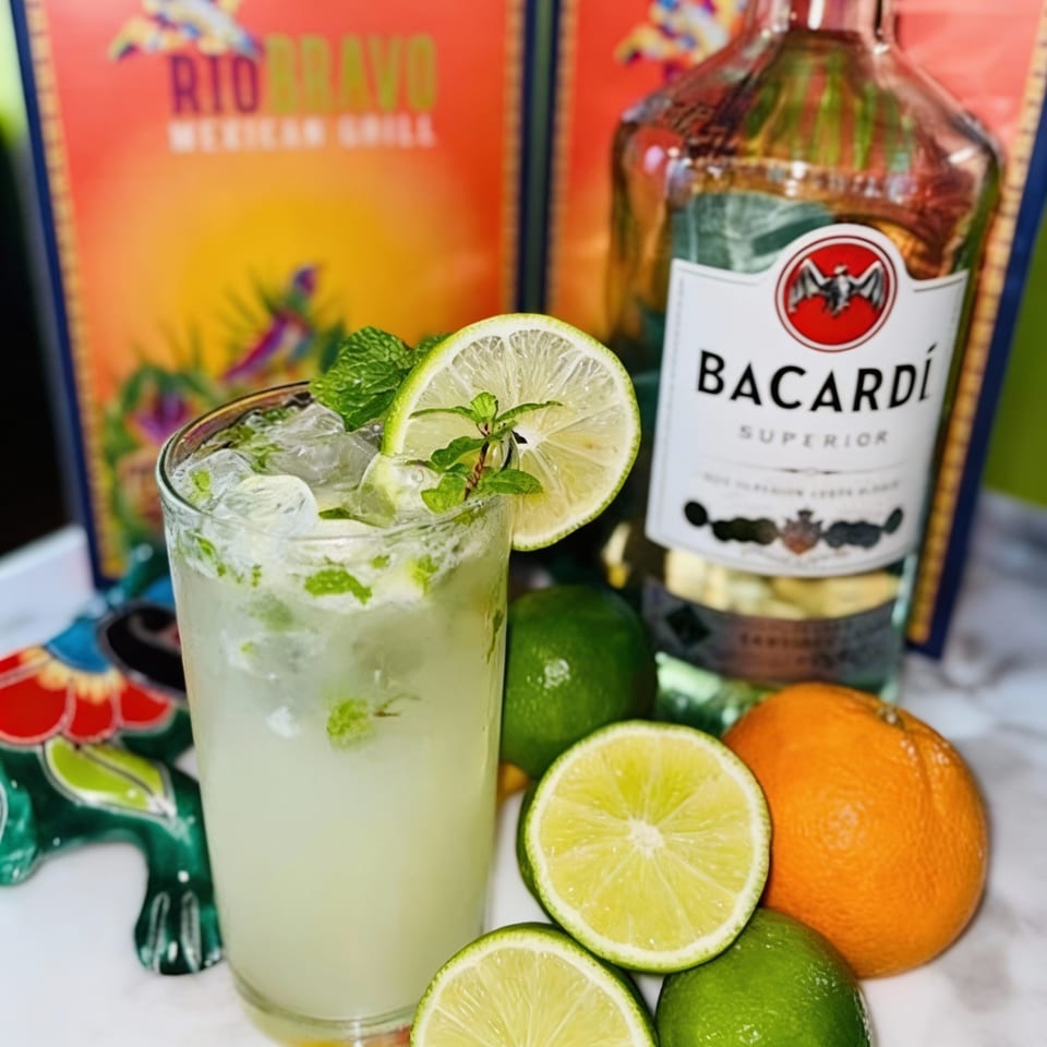 A mojito with lime and mint, Bacardi bottle, and Rio Bravo menu in the background.